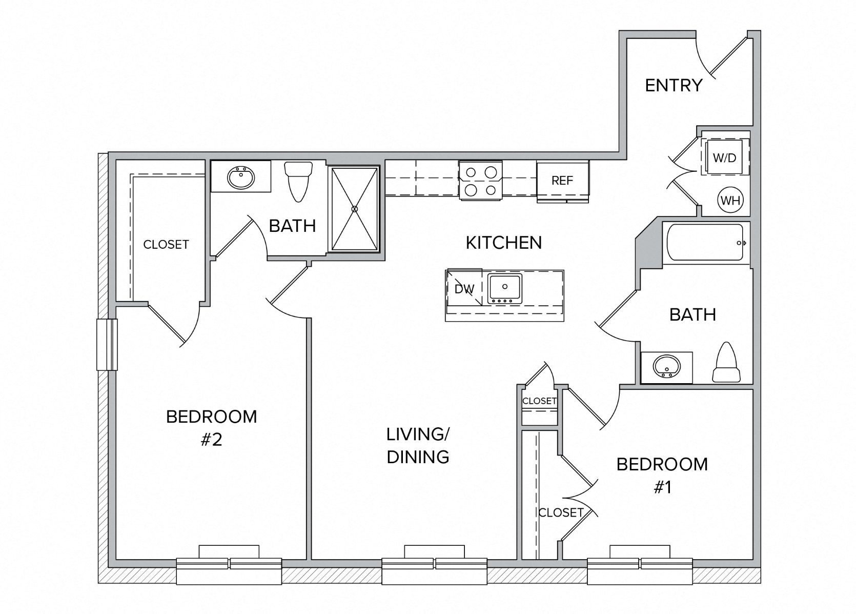 Floor plan for 2 beds, 2 baths, 1028 sqft